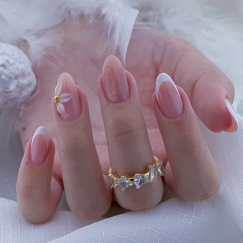 Dreamy Elegant Medium Almond Pink with Floral Accent Press On Nail Set