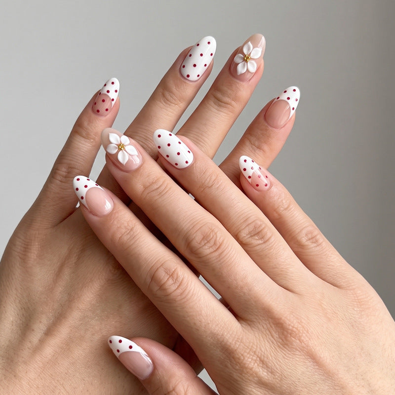 Floral Fantasy Medium Almond White with Red Polka Dots and Flower Accent Press on Nail Set