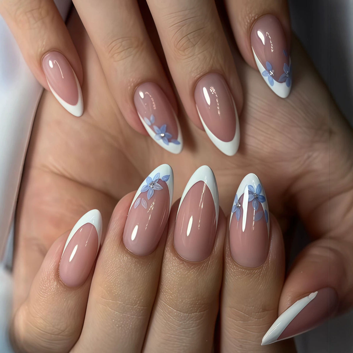 Dreamy Floral Medium Almond Pink with Elegant White Tips and Delicate Blue Accents
