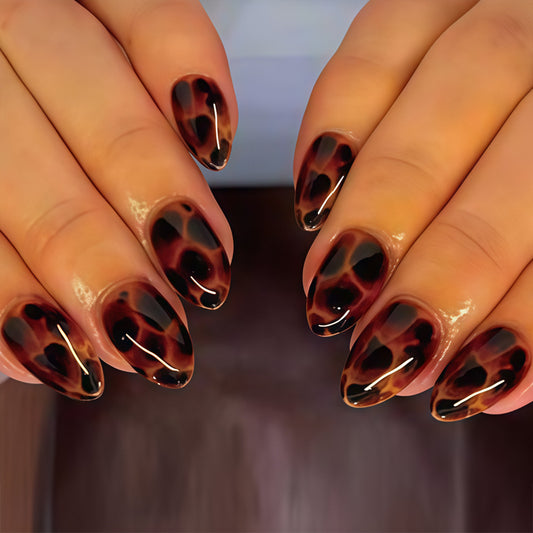 Chic Tortoise Shell Medium Almond Press On Nail Set with High Gloss Finish