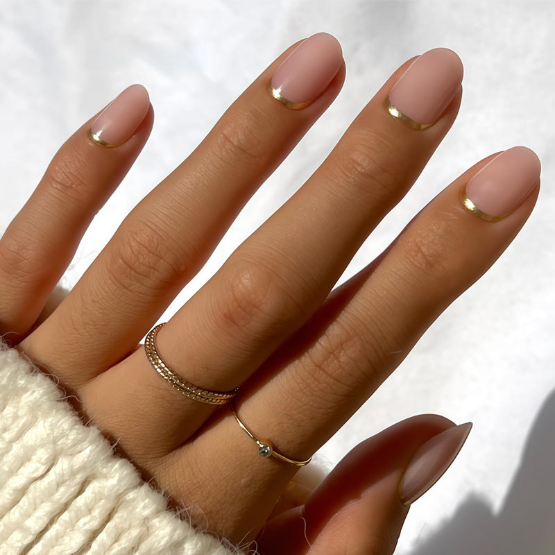 Elegant Rose Short Oval Blush Pink Nail Set with Chic Gold Tip