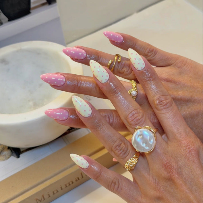 Chic Spring Vibes Medium Almond Pink and Yellow Polka Dot Press On Nail Set