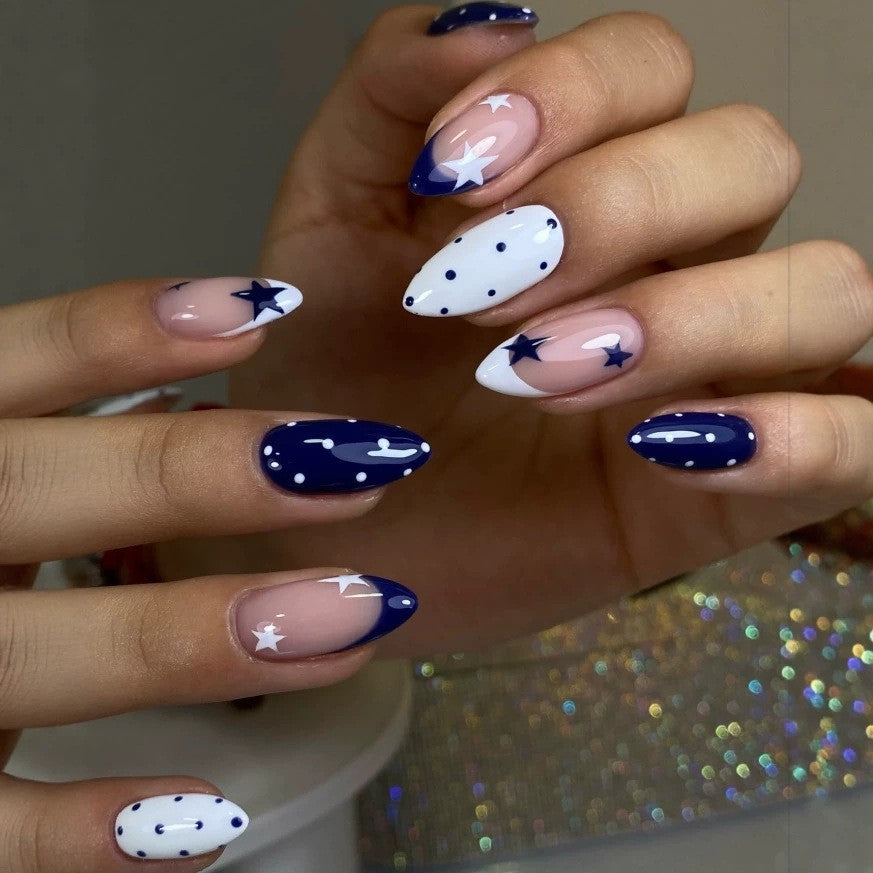 Celestial Dream Medium Almond Navy and White Starry Design Press On Nails Set
