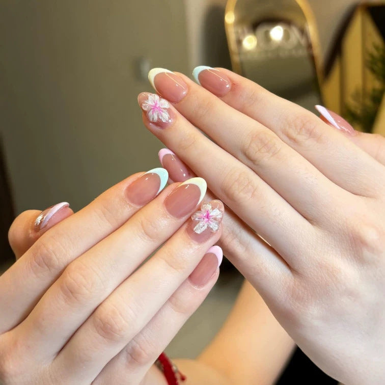 Whimsical Floral Medium Almond Pink French Tip Press On Nail Set