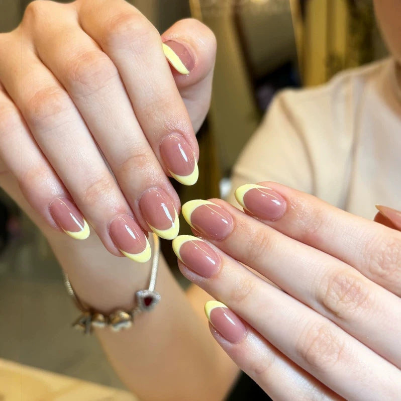 Sunny Delight Short Oval Beige with Yellow Tips Press On Nail Set