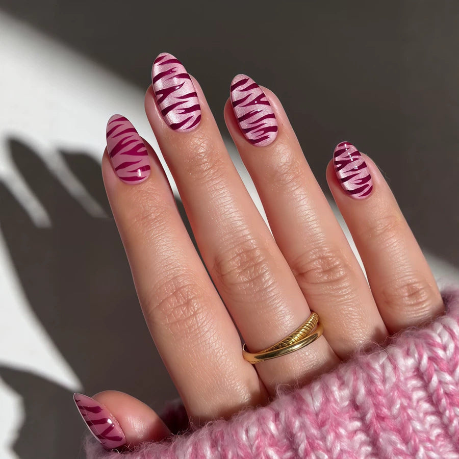 Wild Safari Medium Almond Pink Zebra Print Nail Set