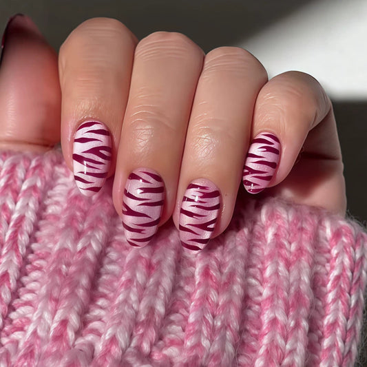 Wild Jungle Medium Almond Pink Zebra Print Press On Nail Set
