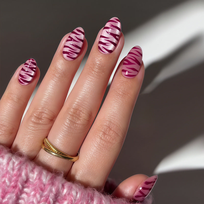 Zebra Chic Medium Almond Pink and Purple Striped Press-On Nail Set