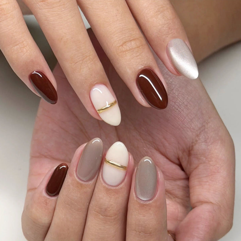 Elegant Earthy Medium Almond Brown with Gold Accent Press On Nail Set