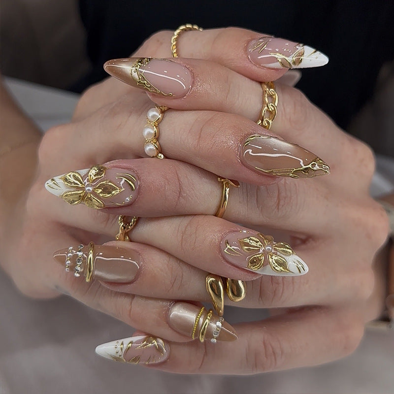 Bohemian Elegance Medium Almond Beige with Gold Floral Accents Press on Nail Set