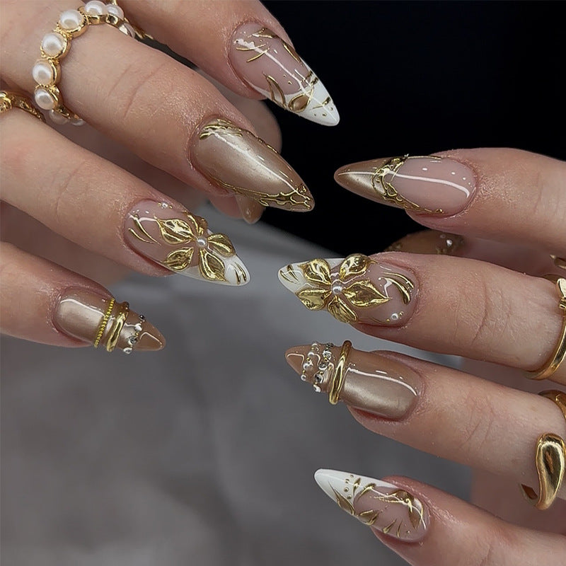 Elegant Garden Medium Almond Beige with Gold Floral Accents Press On Nail Set