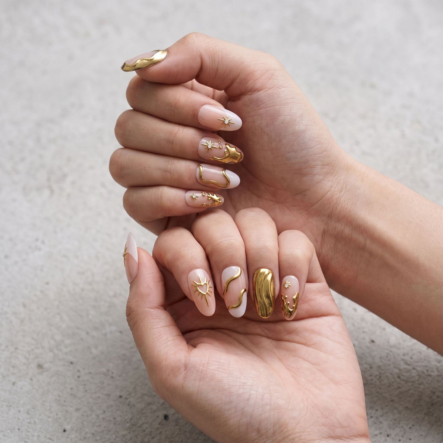 Gilded Elegance Medium Almond Beige with Gold Accents Press on Nail Set