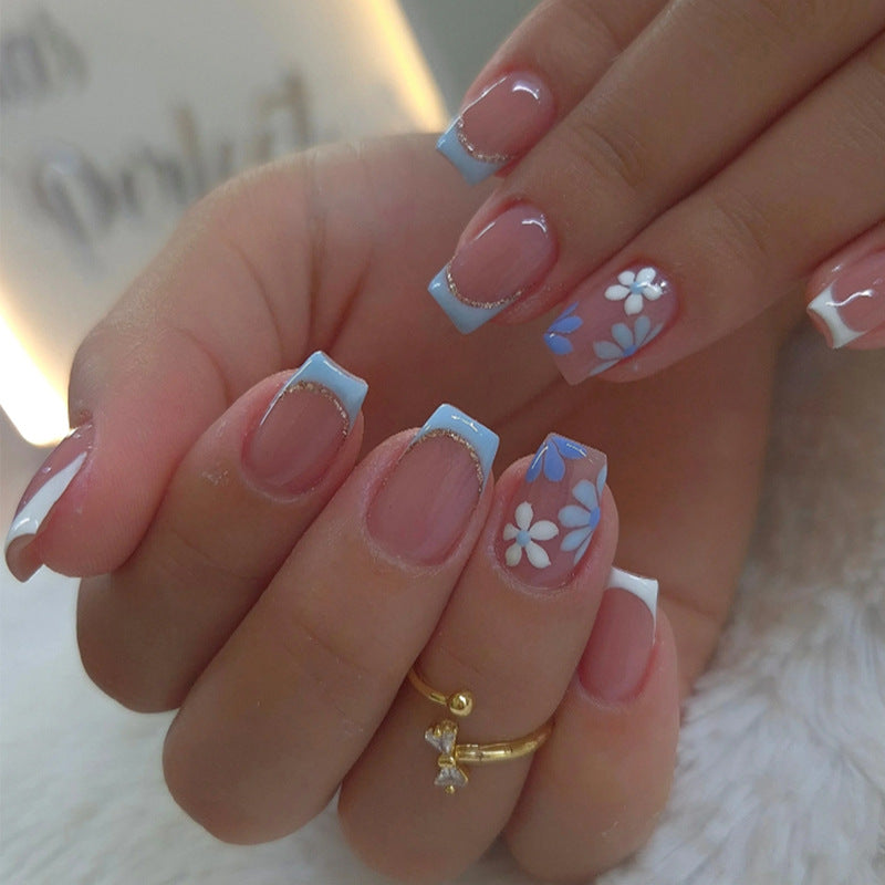 Spring Blossom Short Square Blue Floral Press On Nail Set