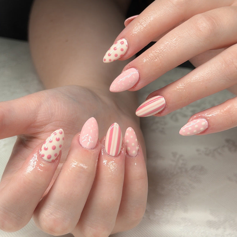 Sweet Delight Medium Almond Pink with Fun Polka Dots and Stripes Press on Nail Set