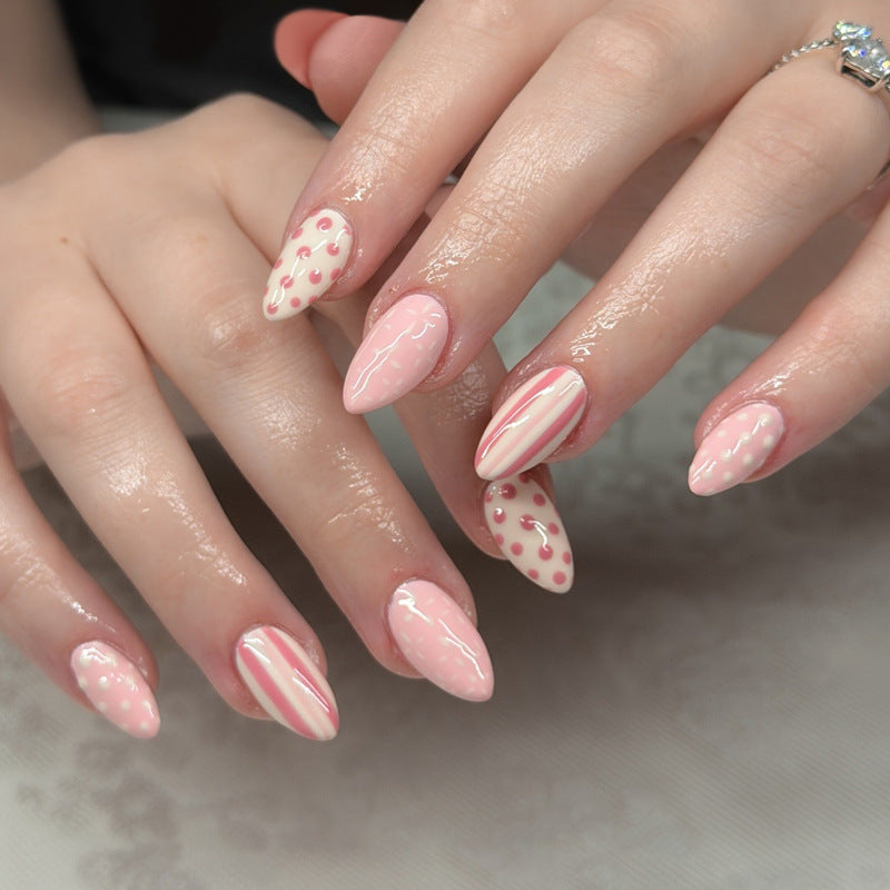 Sweet Candy Inspired Medium Almond Pink Nail Set with Whimsical Patterns