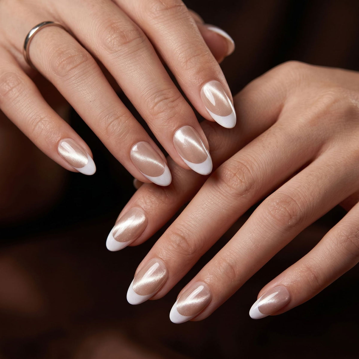 Elegant Dreamy Medium Almond Beige with French Tips Nail Set