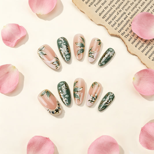 Botanical Elegance Long Almond Green Floral Press on Nail Set