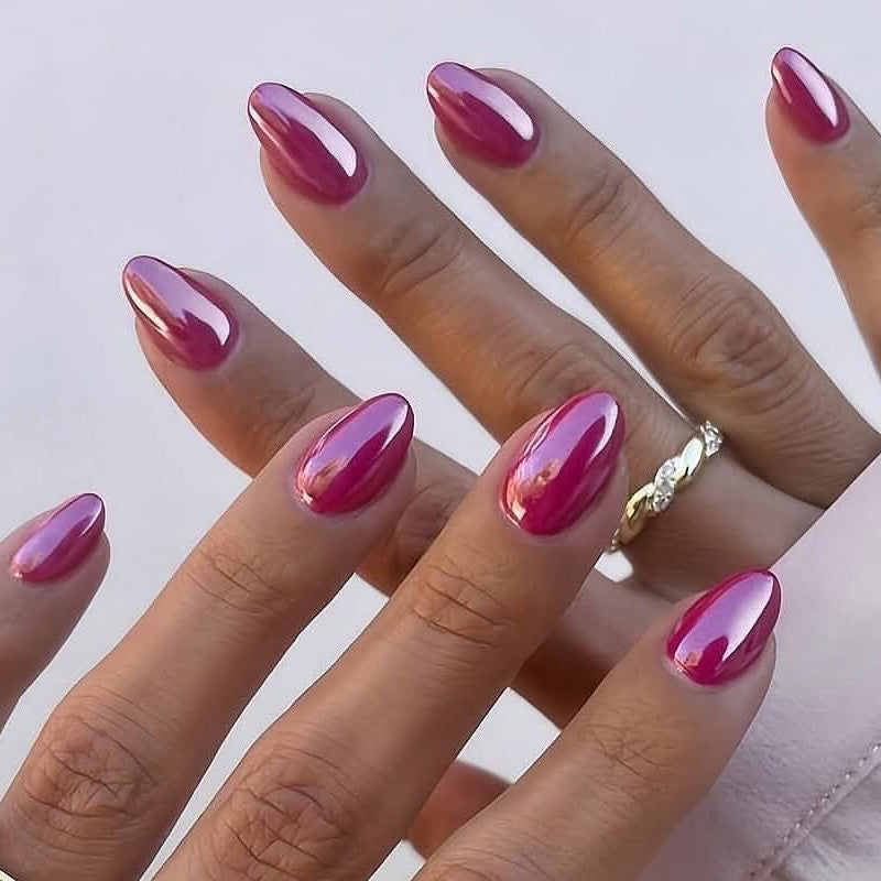 Elegant Glamour Medium Oval Magenta Press On Nail Set with High Shine Finish
