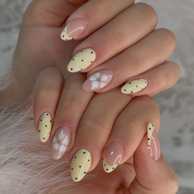 Charming Floral Design Medium Almond Yellow Press On Nail Set with Dot Accents