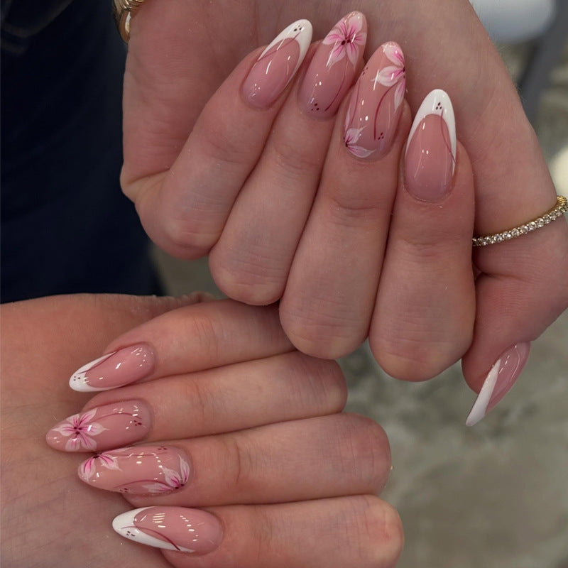 Whimsical Bloom Medium Almond Pink with Floral Design Press on Nail Set