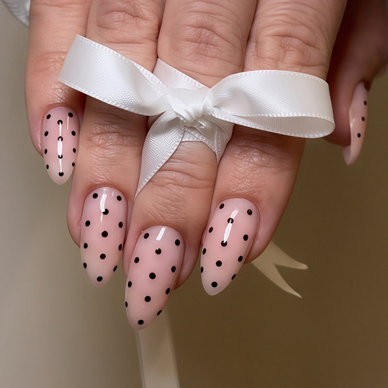 Elegant Polka Dot Medium Almond Pink Nails with Glossy Finish