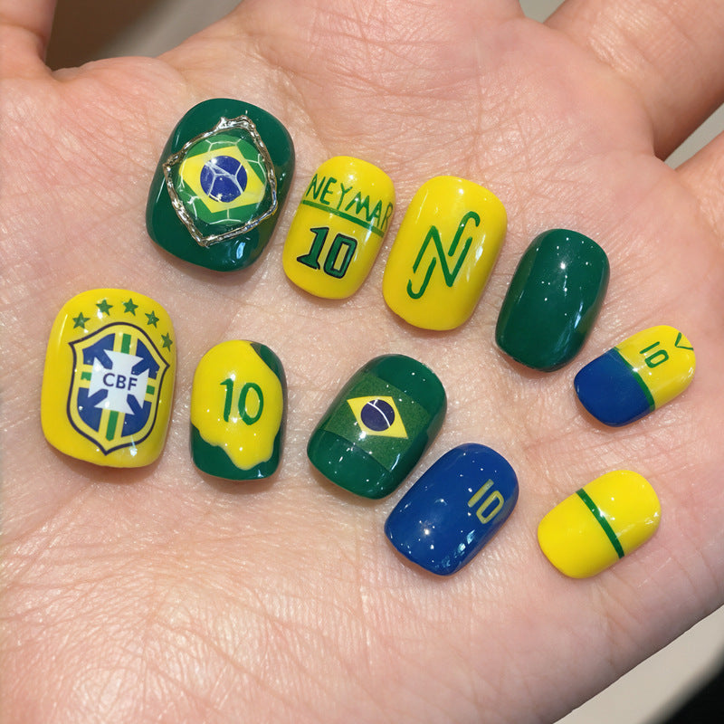 Brazilian Fiesta Short Square Green and Yellow Themed Press-On Nail Set with Fun Sports Designs