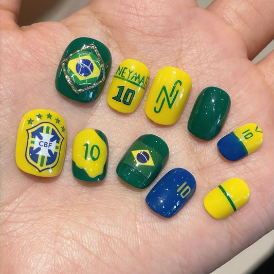 Brazilian Fiesta Short Square Green and Yellow Themed Press-On Nail Set with Fun Sports Designs