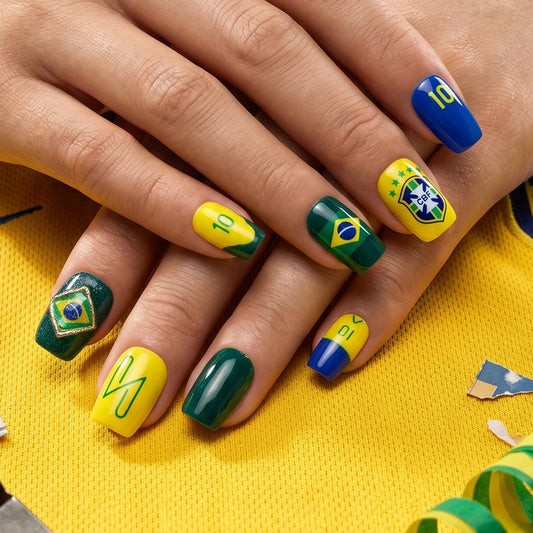 Brazilian Vibes Short Square Blue and Yellow Press On Nail Set with Unique Graphic Designs