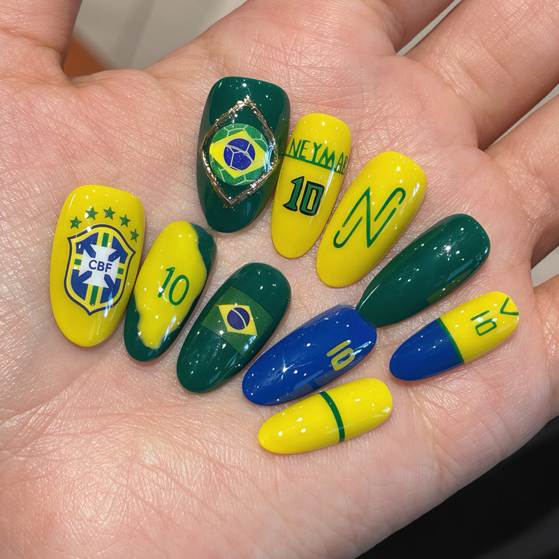 Brazilian Spirit Short Almond Green and Yellow Nail Set with Unique Sports Theme
