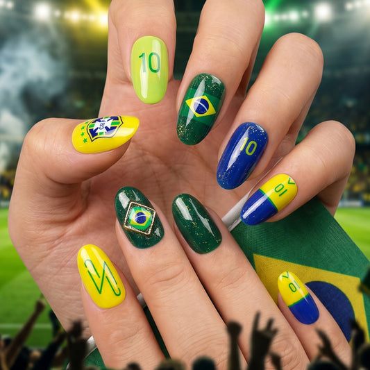 Brazilian Soccer Fiesta Short Oval Green and Yellow Nail Set with Unique Team Emblems