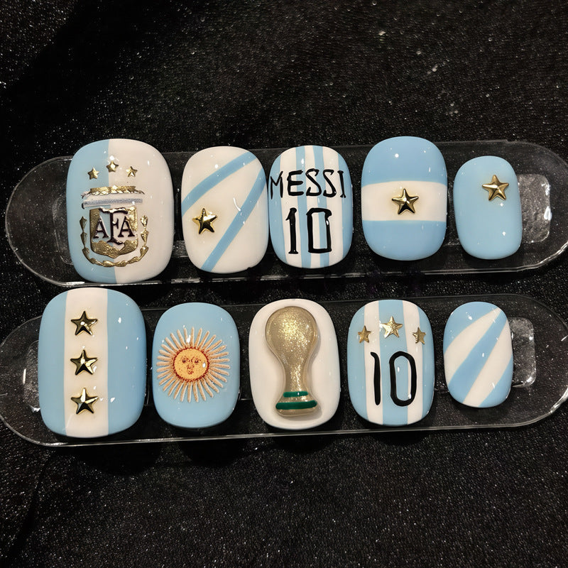 Soccer Celebration Short Square Sky Blue Nails with Star and Trophy Accents