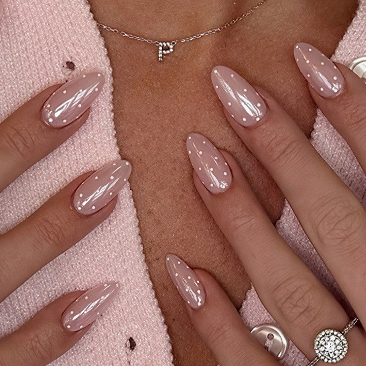 Elegant Blossoms Long Almond Blush Nails with Whimsical Polka Dots