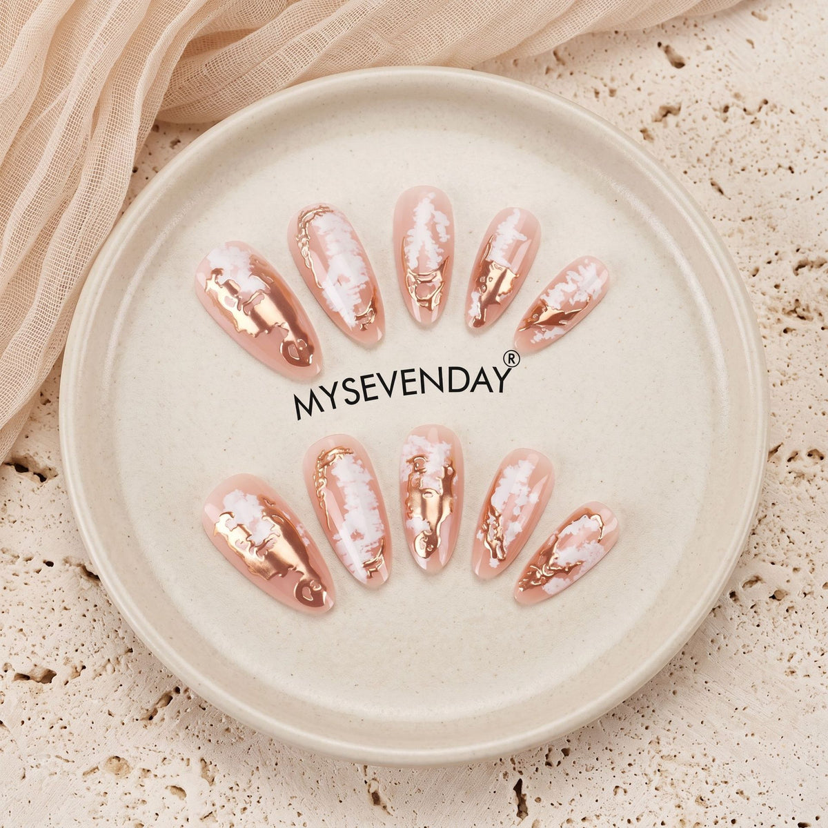 Elegant Rose Gold Medium Almond Press-On Nail Set with Marble Design