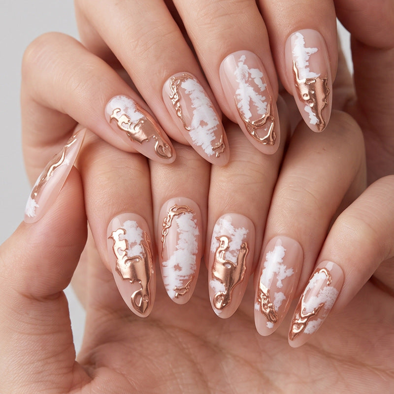 Elegant Aurora Medium Almond Pink with Metallic Accents Press On Nail Set
