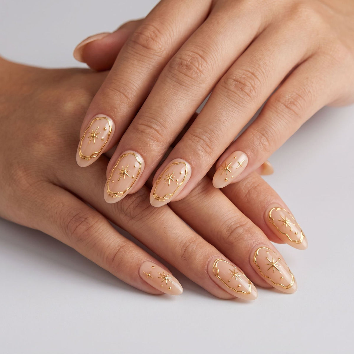 Celestial Glamour Medium Almond Beige with Starry Gold Accents Press On Nail Set