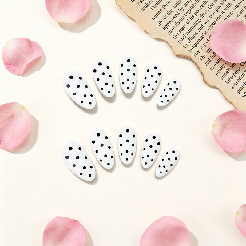 Chic Polka Dot Medium Almond White Nail Set with Unique Design Feature
