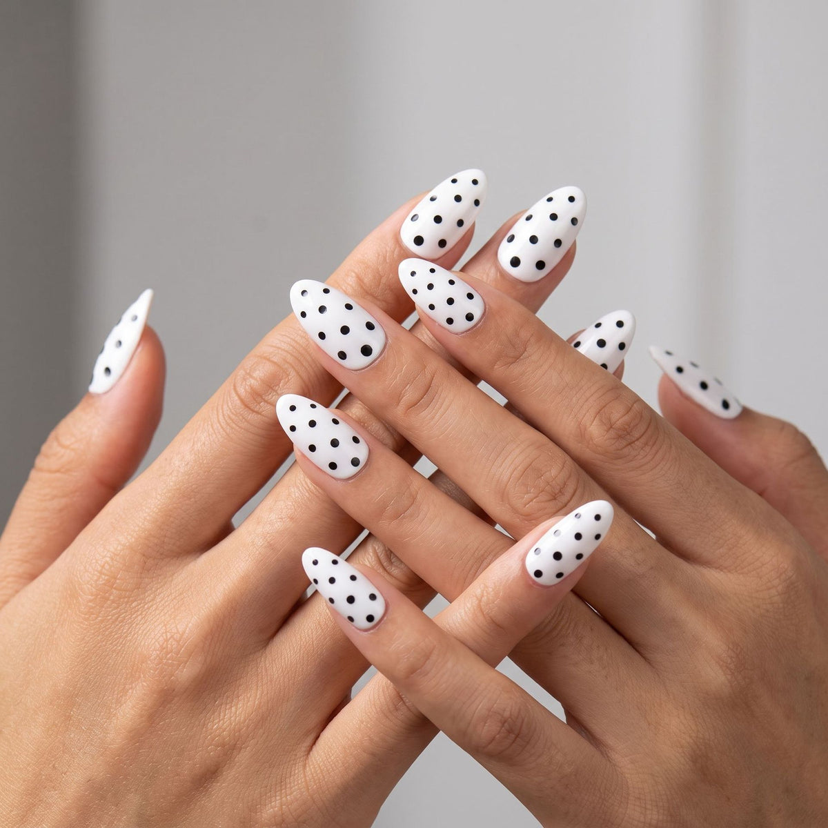 Elegant Evening Short Almond White with Black Dots Press On Nail Set