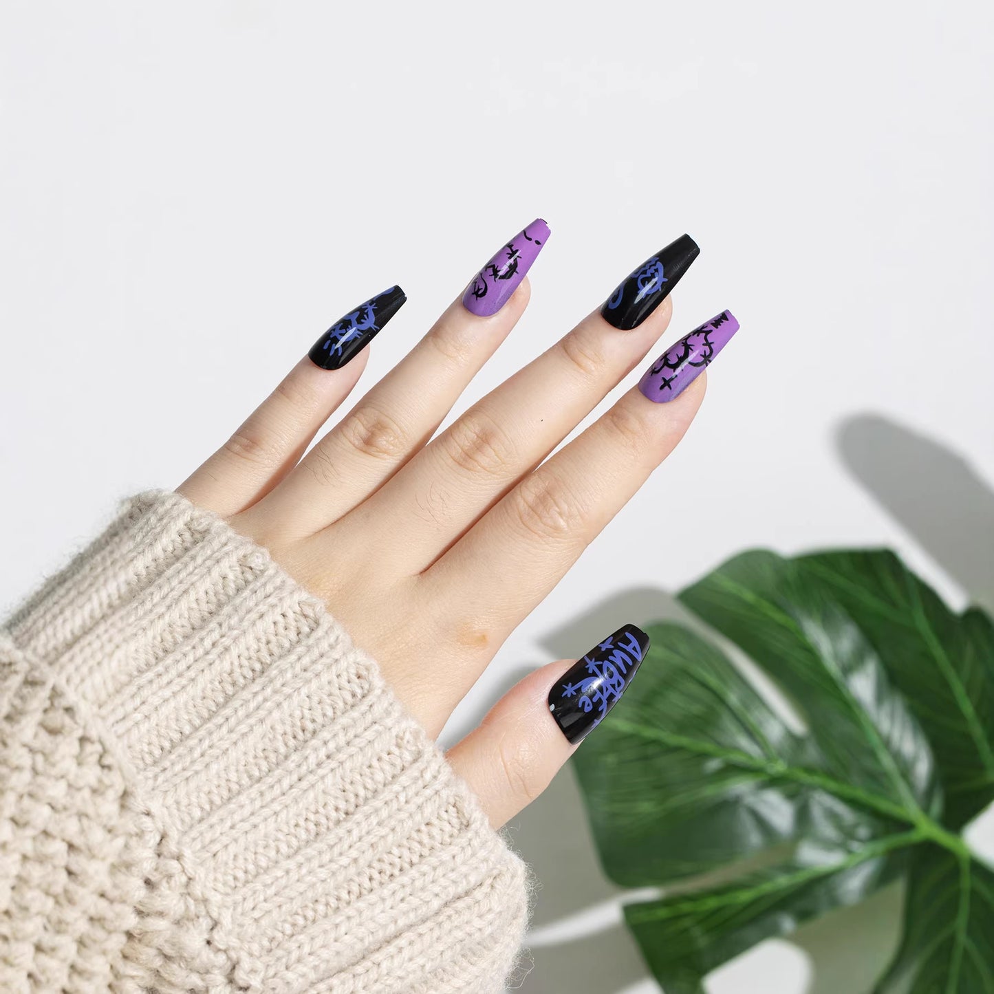 Mystical Elegance Long Coffin Purple and Black with Intricate Glow in the Dark Designs Press-On Nail Set