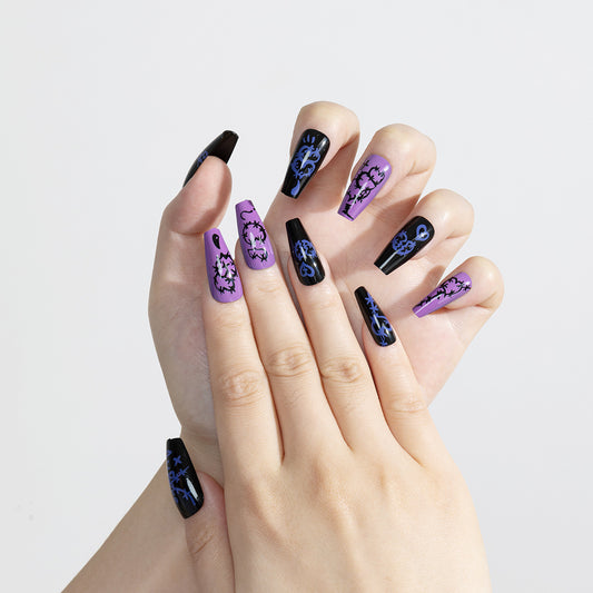 Mystical Twilight Glamor Long Coffin Shape Black and Purple with Intricate Blue Designs Press On Nail Set