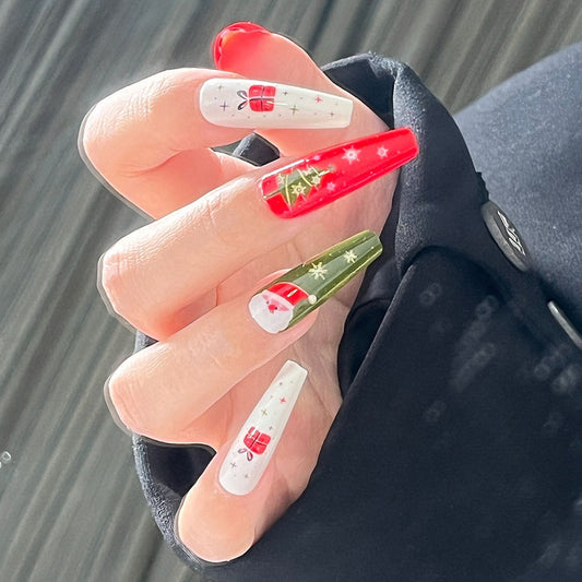 Festive Glamour Long Coffin Red Green White Patterned Christmas Press On Nail Set