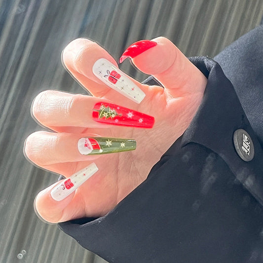 Holiday Glamour Long Coffin Red Green and White Nail Set with Festive Designs