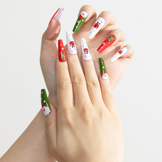 Festive Wonderland Long Coffin Red Green and White Press on Nail Set with Charming Holiday Designs