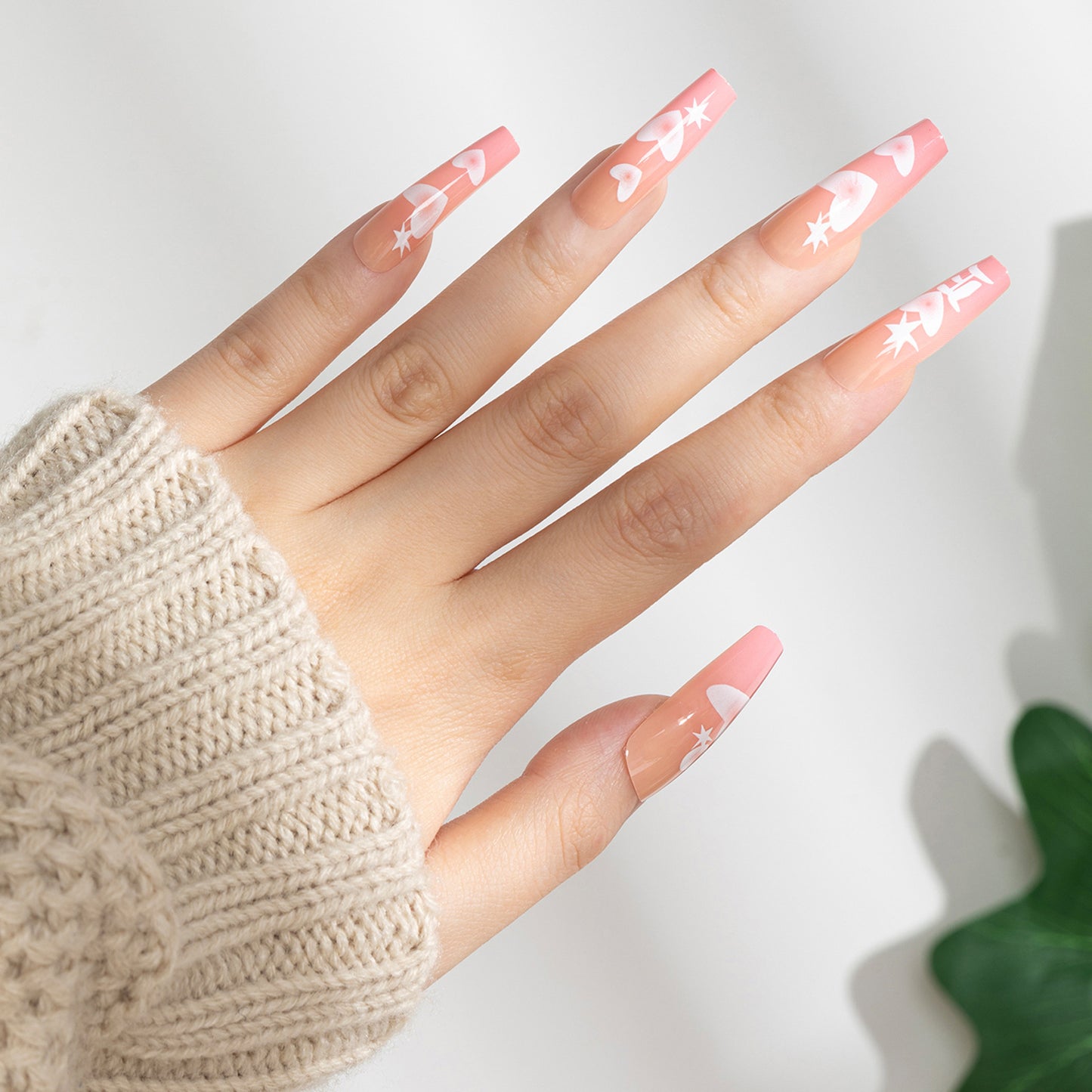 Celestial Dream Long Coffin Pink Press-On Nail Set Featuring Unique Artistic White Design