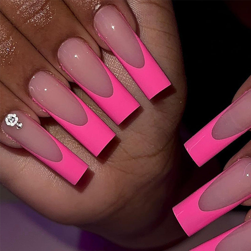 Glamorous Neon Pink Long Square Nail Set with Elegant Clear Accent Design