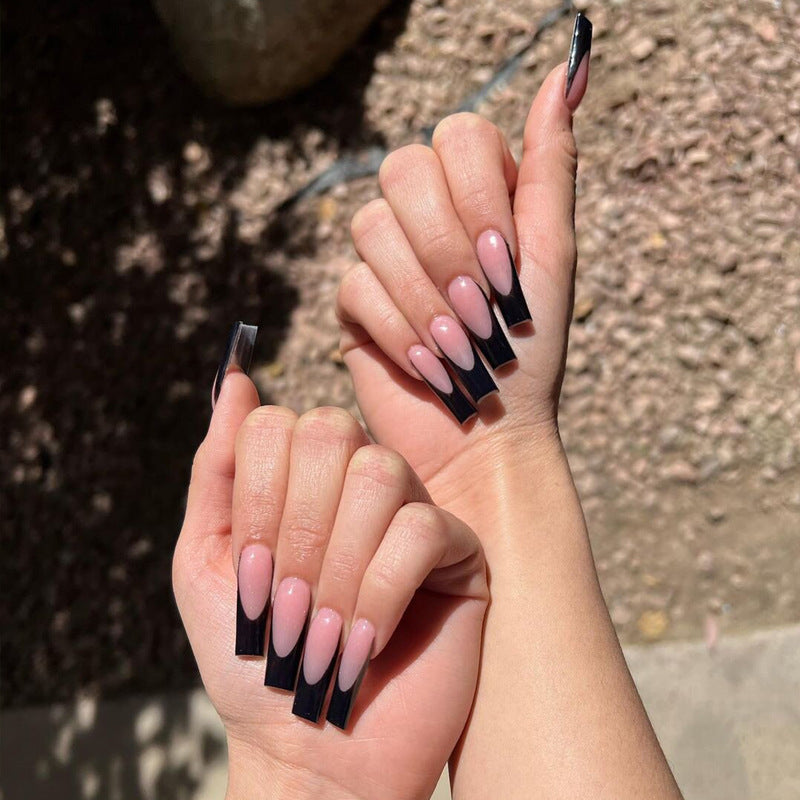 Gothic Elegance Long Square Pastel Pink and Black Ombre Press On Nail Set