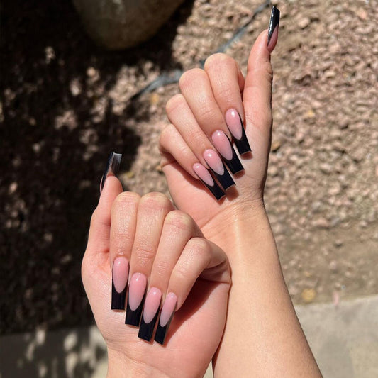 Gothic Elegance Long Square Pastel Pink and Black Ombre Press On Nail Set