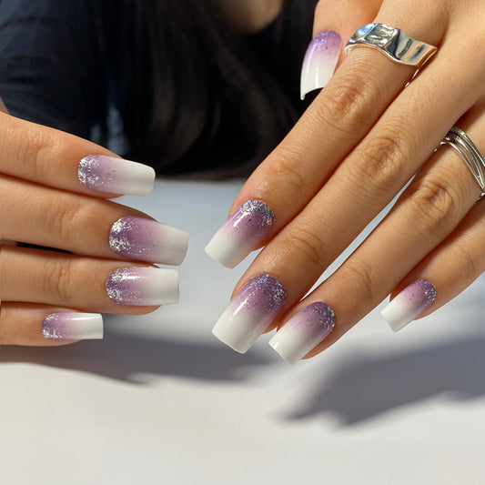 Mystical Sunset Glamour Medium Square Ombre Purple and White Nail Set with Sparkling Glitter Finish