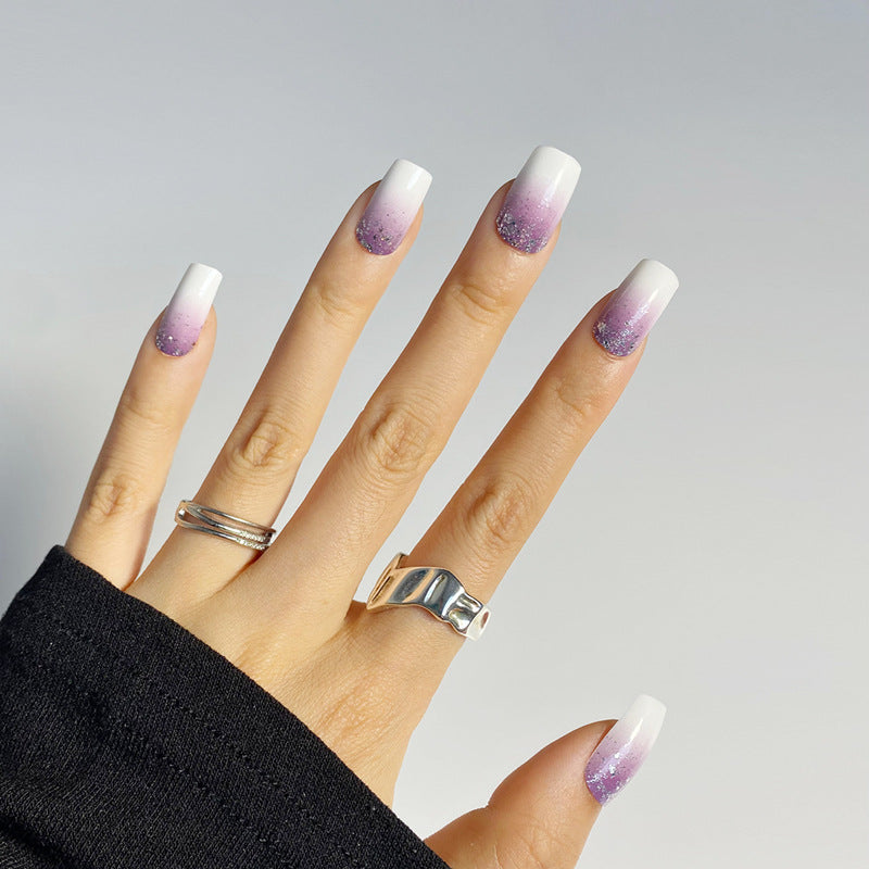 Dreamy Elegance Medium Square White and Purple Ombre Glitter Press On Nail Set