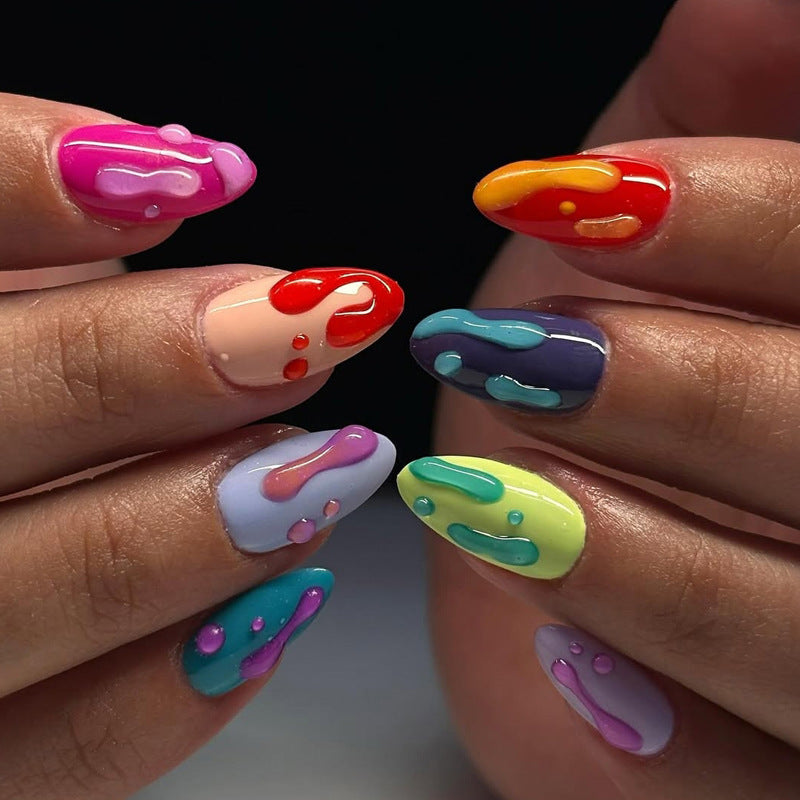 Colorful Drizzle Long Almond Trendy Press On Nail Set