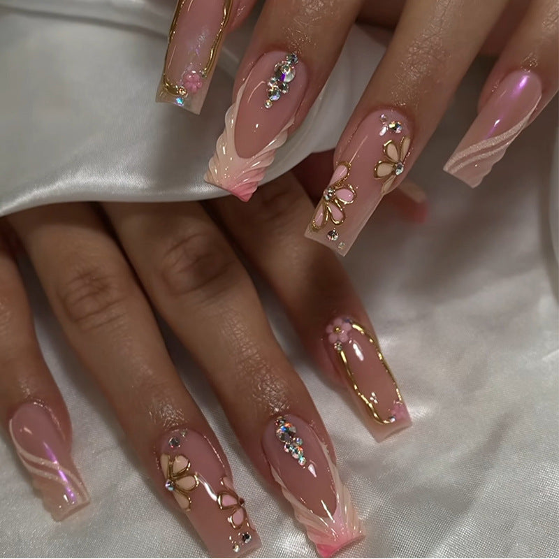 Blossoming Elegance Long Coffin Beige Color with Glittering Floral Accents